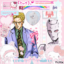 a man in a suit and tie is surrounded by hello kitty stickers and hearts