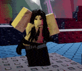a girl in a yellow shirt and black pants is standing on a grid of squares