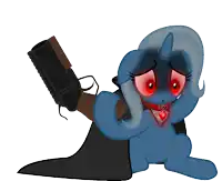 a blue pony with red eyes is holding a black gun