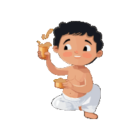 a cartoon illustration of a shirtless boy holding a cup