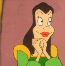 a cartoon woman is sitting in a chair with her hands folded and making a face .