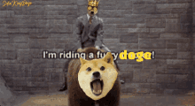 a doge wearing a crown is riding on the back of a man