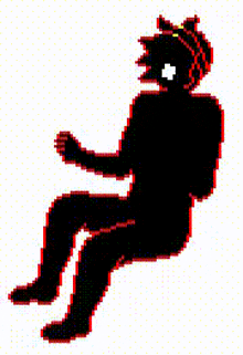 a pixel art silhouette of a person sitting down with a hat on .