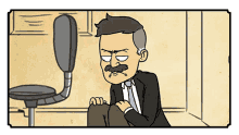 a cartoon of a man in a suit with a mustache sitting in front of an office chair