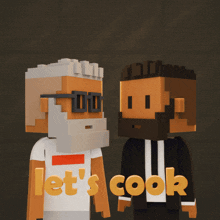 two cartoon characters standing next to each other with the words let 's cook written in yellow