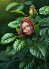 a woman 's face is visible in a flower bud