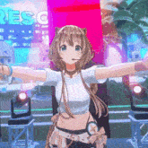 a girl is standing in front of a sign that says resc on it