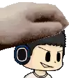 a cartoon boy with headphones on his head is being pummeled by a hand .