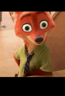 a close up of a cartoon fox wearing a shirt and tie