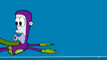 a cartoon character in a purple suit is standing next to a door with the number 77 written on it