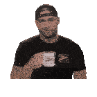 a man in a black shirt is holding a cup of coffee and the words met pagi are above him