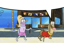 a woman is walking a horse on a leash in front of a store