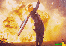 a cartoon character holding a shield in front of a fire