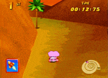 a video game screen shows a dinosaur and a palm tree and the time is 00 : 15 : 38