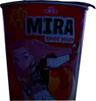 a cup of mira spice queen ramen with a girl on it