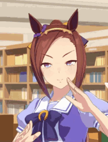 a girl with a horse 's headband is standing in a library