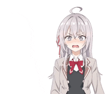 a girl with long white hair and a red bow tie is making a funny face