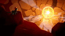 a cartoon of a cat standing on a rock looking at a glowing object