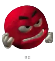 a red ball with an angry face and the word uh written below it