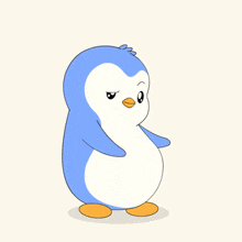 a blue and white penguin with an orange beak is standing on a white background
