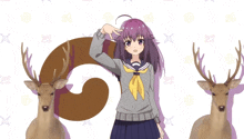 a girl with purple hair stands between two deer