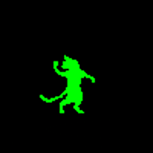 a green pixel art of a cat dancing on a black background .