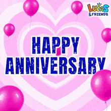 a pink heart with the words happy anniversary surrounded by balloons