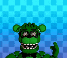 a green teddy bear wearing glasses and a bow tie