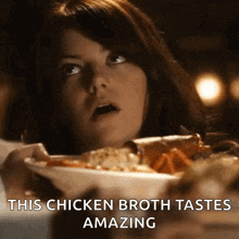 a woman is eating a bowl of chicken broth and the caption says this chicken broth tastes amazing