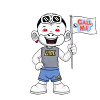 a cartoon character holding a flag that says call me on it
