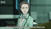 a cartoon of a woman with the words i know everything there is to know about you