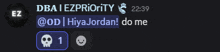a screenshot of a discord conversation between miya jordan and dba ezpriority