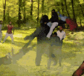 a group of people are standing in a grassy field