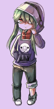 a drawing of a girl wearing a purple hoodie with a cd player on the front