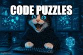 a cat in a hoodie is typing on a keyboard with the words code puzzles written above him