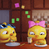 two cartoon chickens are eating hamburgers and drinking soda