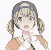 a girl with pigtails is wearing a baseball cap and sweater