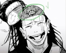 a black and white drawing of a man with a green circle around his head