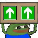 a frog is holding a cardboard box with two green arrows pointing up .