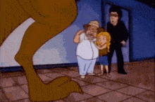 a group of cartoon characters are standing in a hallway with a dinosaur 's foot in the foreground