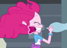 pinkie pie from my little pony is blowing a bubble with her mouth open