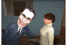 a man in a suit and tie is smiling while a woman looks on