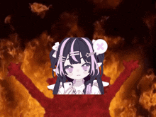 a girl with a cross on her head stands in front of a fire