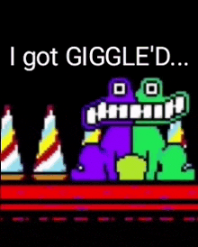 a cartoon of a purple and green monster with the words `` i got giggle 'd '' written above it .