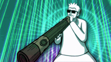 a cartoon drawing of a man holding a telescope with a green and purple background