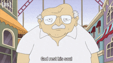 a cartoon character with glasses and the words god rest his soul