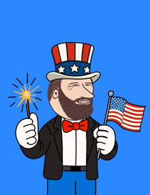 a cartoon of uncle sam holding a sparkler and a flag