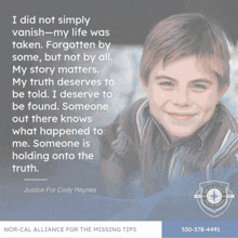 a quote from justice for cody haynes is on a poster