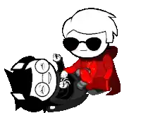 a cartoon character wearing sunglasses and a red cape is sitting on a black and white object .