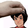 a person is petting a boy 's head with a cat .